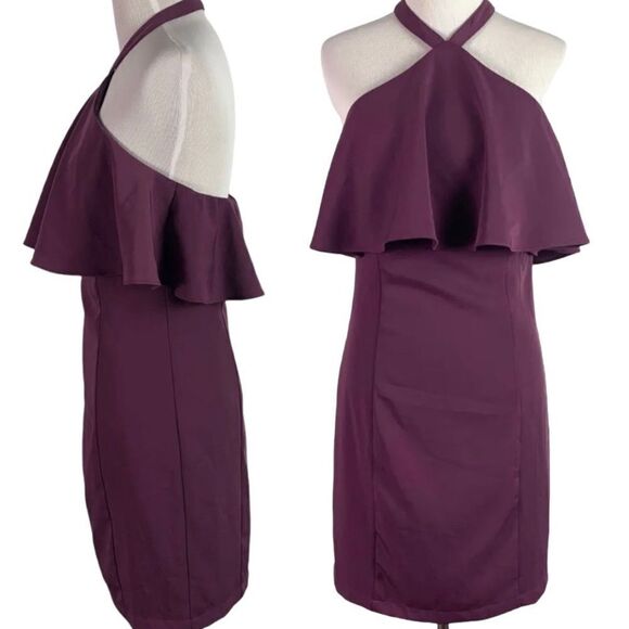 PLUM PURPLE Halter Bare Back Fitted Ruffle Dress Mothers Day Graduation Lg NWT - Picture 5 of 12